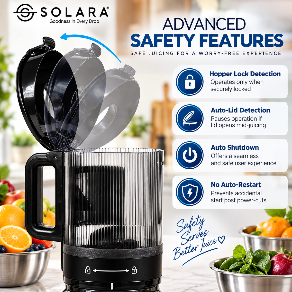 SOLARA Cold Press Juicer | 150W Slow Masticating Juicer | 52 RPM | Mesh-Free Filter | Easy Clean | Quiet Operation