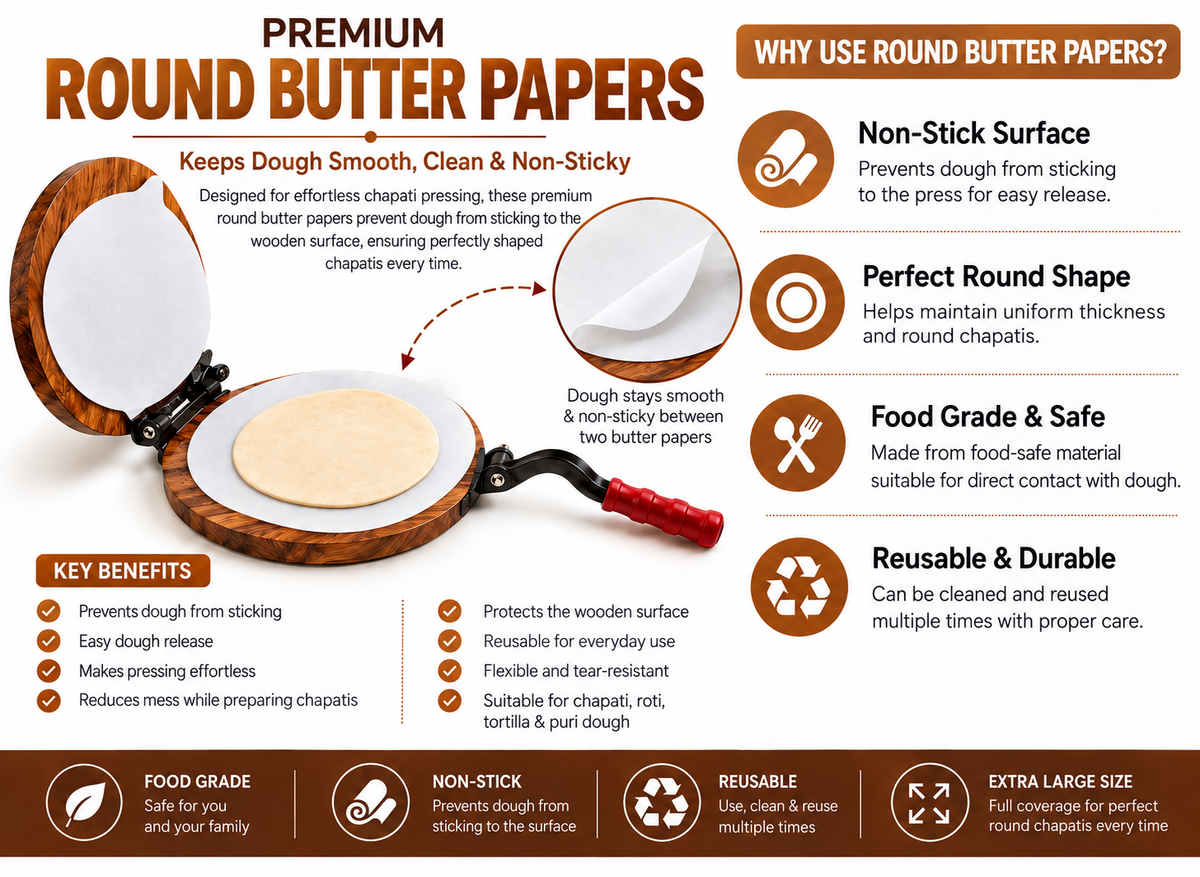 White Round Butter Paper Sheets ([2] Sheets, [30 * 30] cm) – Non-Stick Parchment Paper for Roti Maker |Obbattu | Puran Poli | Food Grade | Grease-Proof | for Baking | Cooking