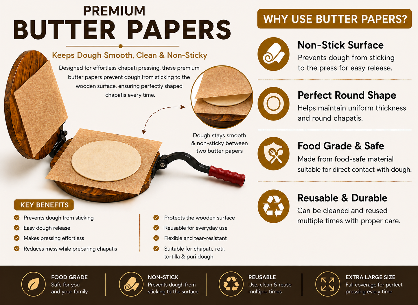 Butter Paper Sheets ([2] Sheets, [30 * 30] cm) – Non-Stick Parchment Paper for Roti Maker |Obbattu | Puran Poli | Food Grade | Grease-Proof | for Baking | Cooking