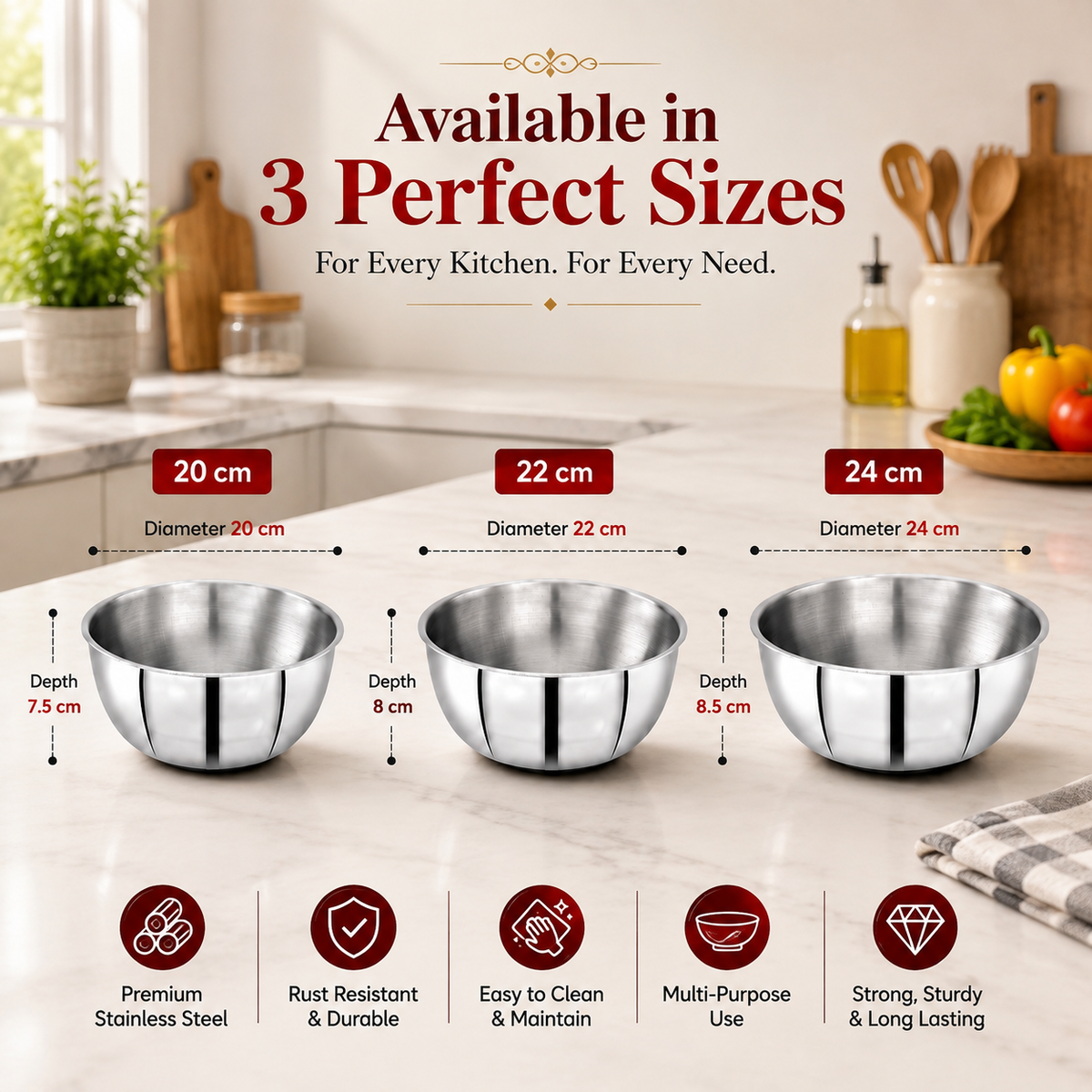 Avias AVI3 Triply Stainless Steel Tasla Set of 3 (20, 22 & 24 cm) — Thick Triply Body, Food-Grade Stainless Steel, Even Heat Distribution | Induction & Gas Compatible | Daily Cooking