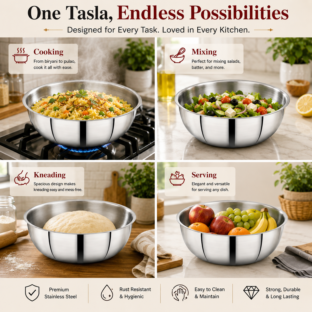 Avias AVI3 Triply Stainless Steel Tasla Set of 3 (20, 22 & 24 cm) — Thick Triply Body, Food-Grade Stainless Steel, Even Heat Distribution | Induction & Gas Compatible | Daily Cooking
