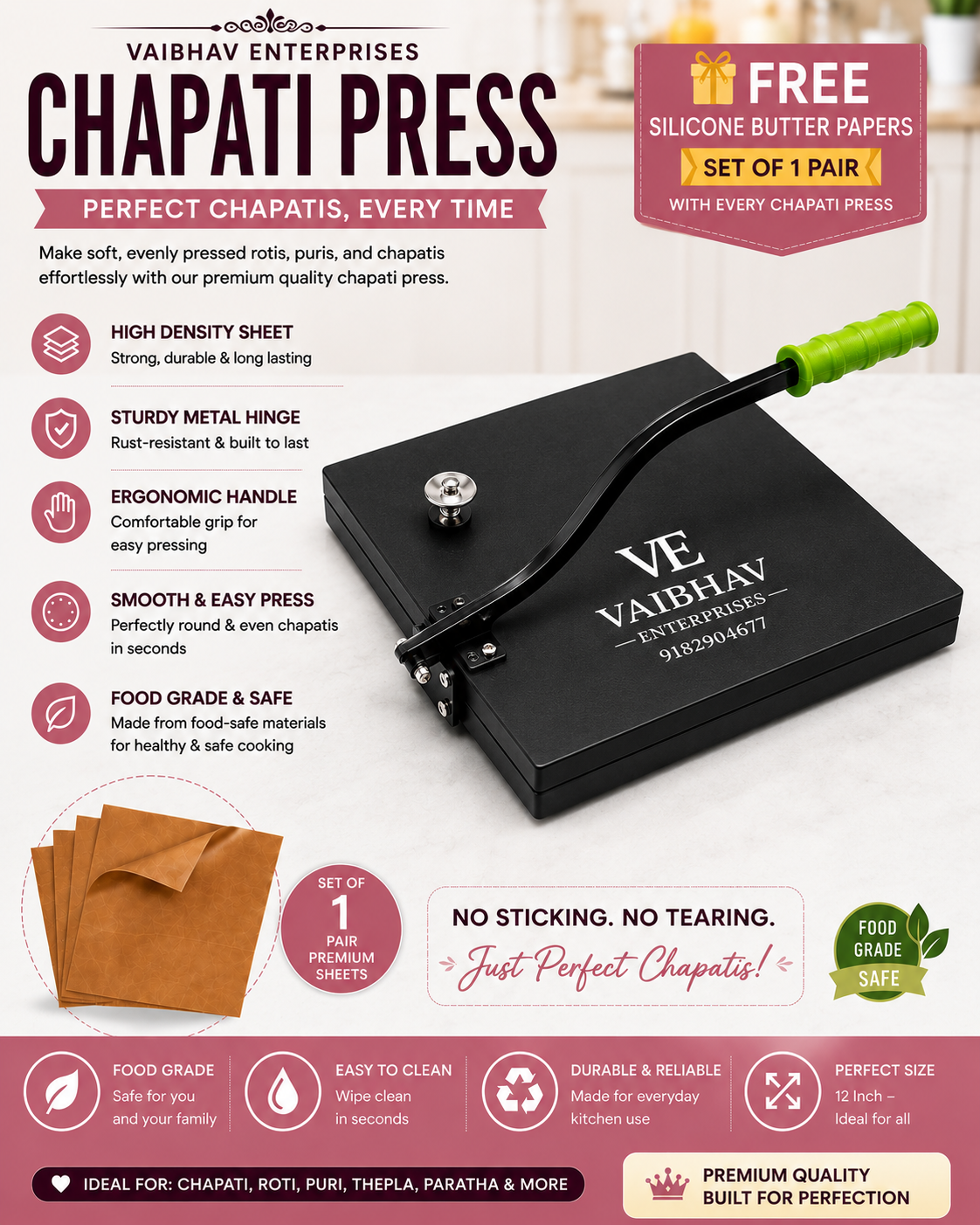 Vaibhav Enterprises 12 Inch Chapati Press with FREE Silicone Butter Paper Sheets (Worth ₹299) | Roti Maker for Perfect Round Chapatis, Rotis & Puris