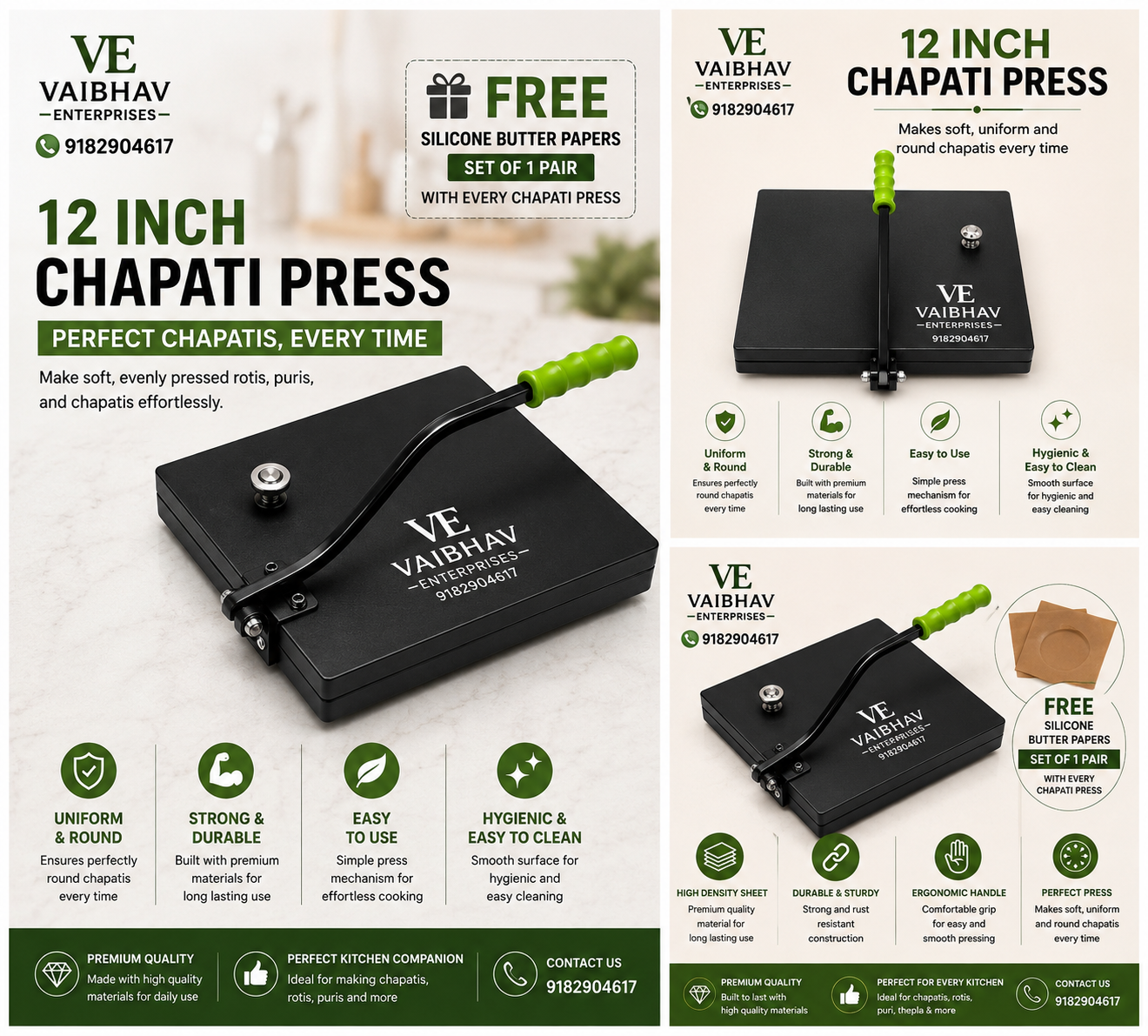 Vaibhav Enterprises 12 Inch Chapati Press with FREE Silicone Butter Paper Sheets (Worth ₹299) | Roti Maker for Perfect Round Chapatis, Rotis & Puris
