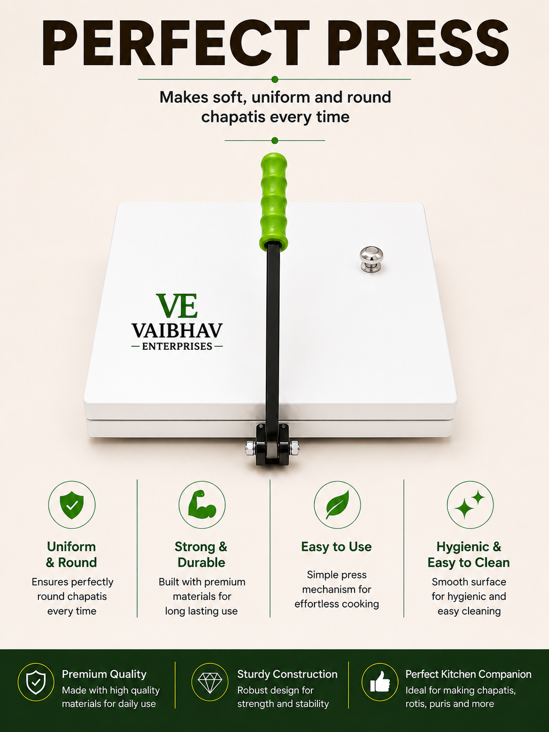 Vaibhav Enterprises 12 Inch Chapati Press with FREE Silicone Butter Paper Sheets (Worth ₹299) | Roti Maker for Perfect Round Chapatis, Rotis & Puris