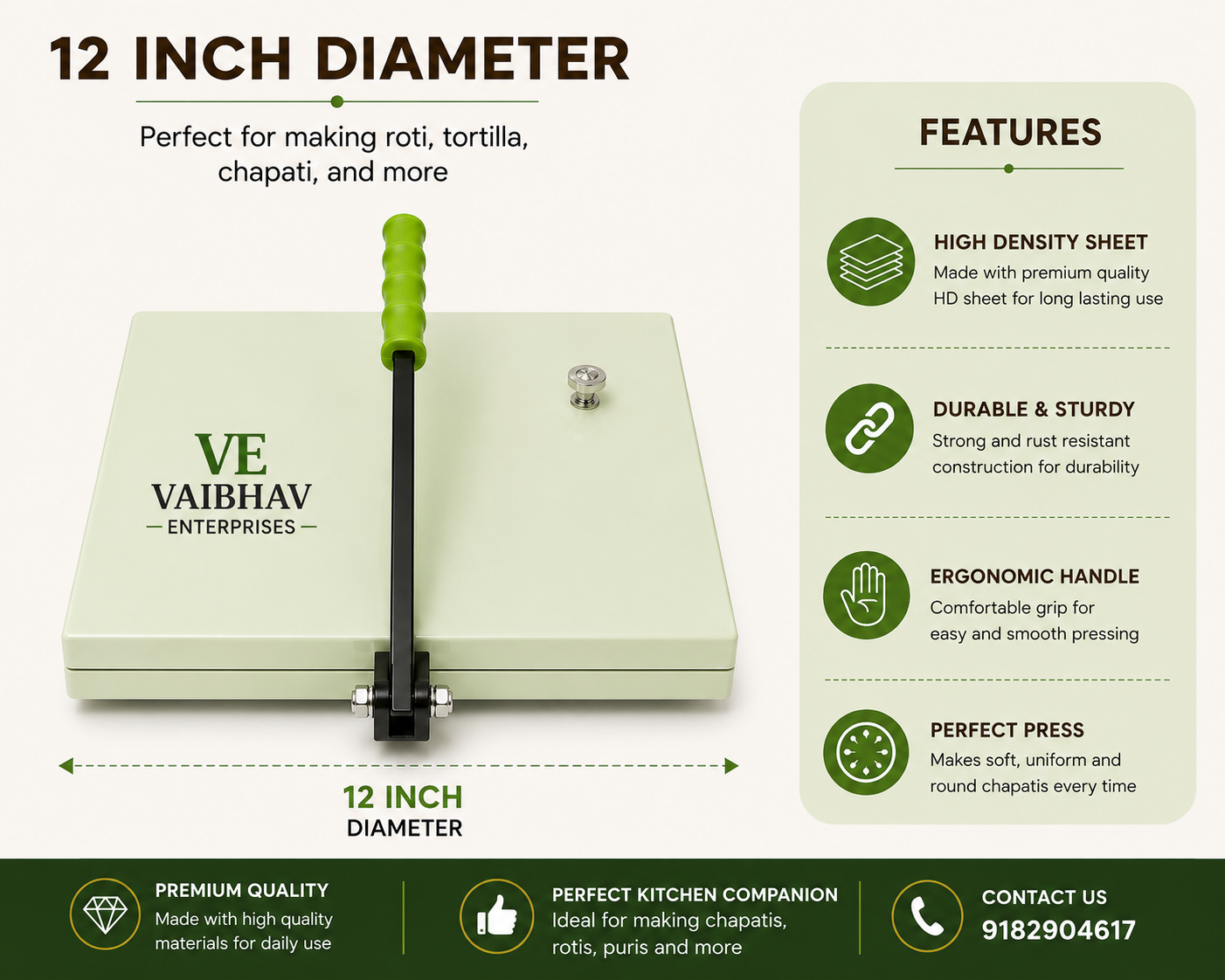 Vaibhav Enterprises 12 Inch Chapati Press with FREE Silicone Butter Paper Sheets (Worth ₹299) | Roti Maker for Perfect Round Chapatis, Rotis & Puris