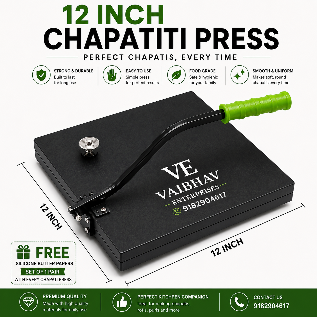 Vaibhav Enterprises 12 Inch Chapati Press with FREE Silicone Butter Paper Sheets (Worth ₹299) | Roti Maker for Perfect Round Chapatis, Rotis & Puris
