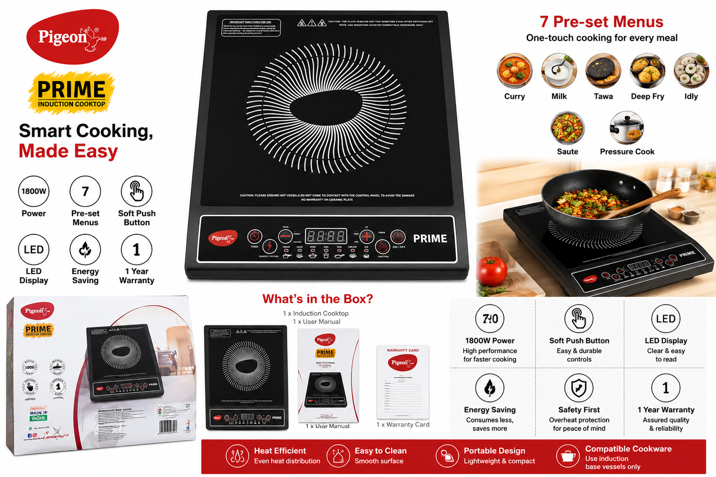 Pigeon 1800 W Induction Cooktop Push Button (Black, Prime 7 Preset Indian Menu)