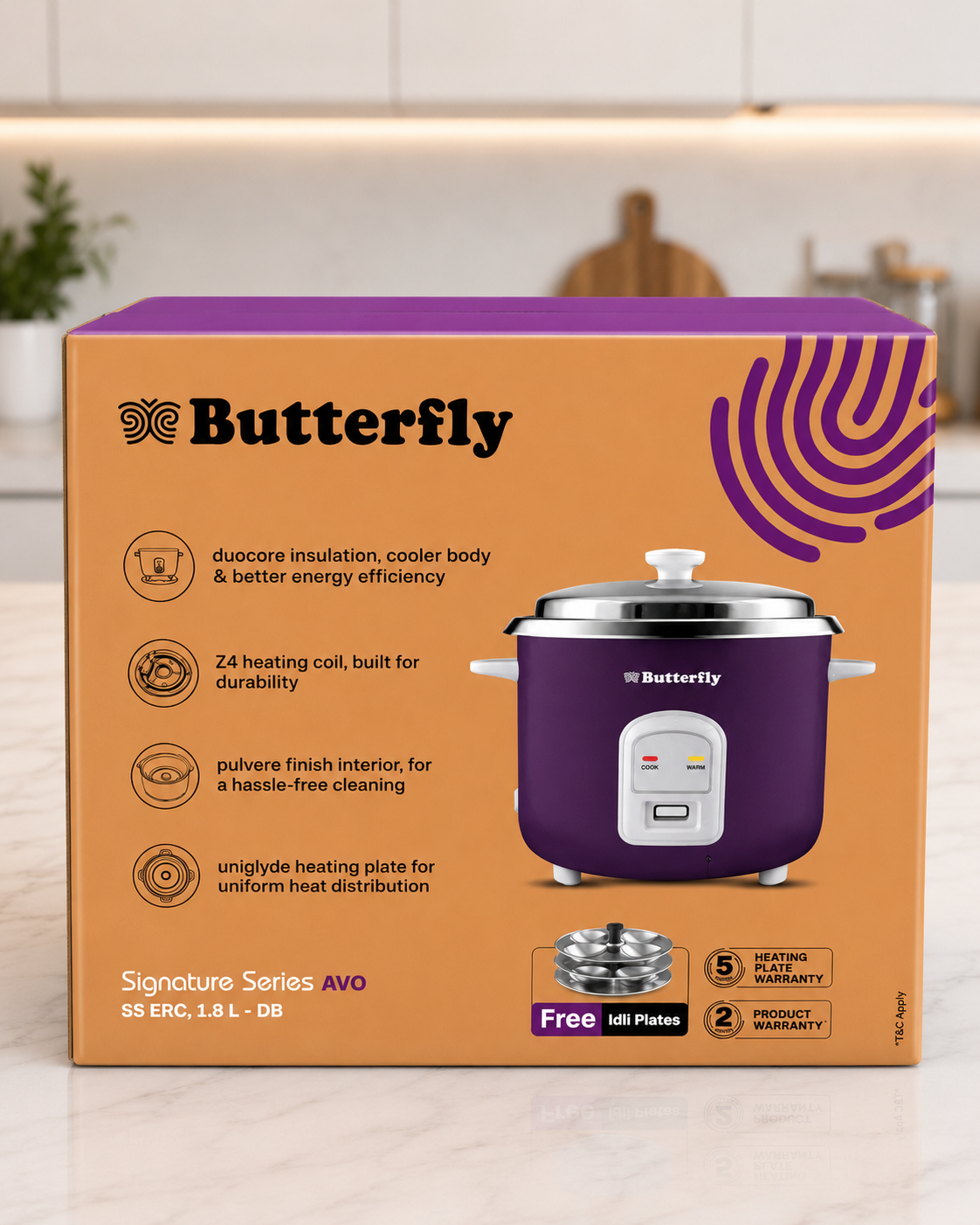 Butterfly Signature Series AVO Electric Rice Cooker 1.8L | SS ERC | Duocore Insulation | Z4 Heating Coil | Free Idli Plates | Keep Warm 3 Hours | deep lavender | 5 years heating plate warranty