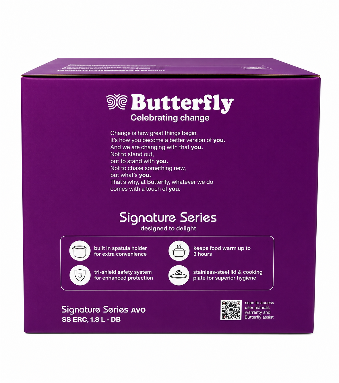Butterfly Signature Series AVO Electric Rice Cooker 1.8L | SS ERC | Duocore Insulation | Z4 Heating Coil | Free Idli Plates | Keep Warm 3 Hours | deep lavender | 5 years heating plate warranty