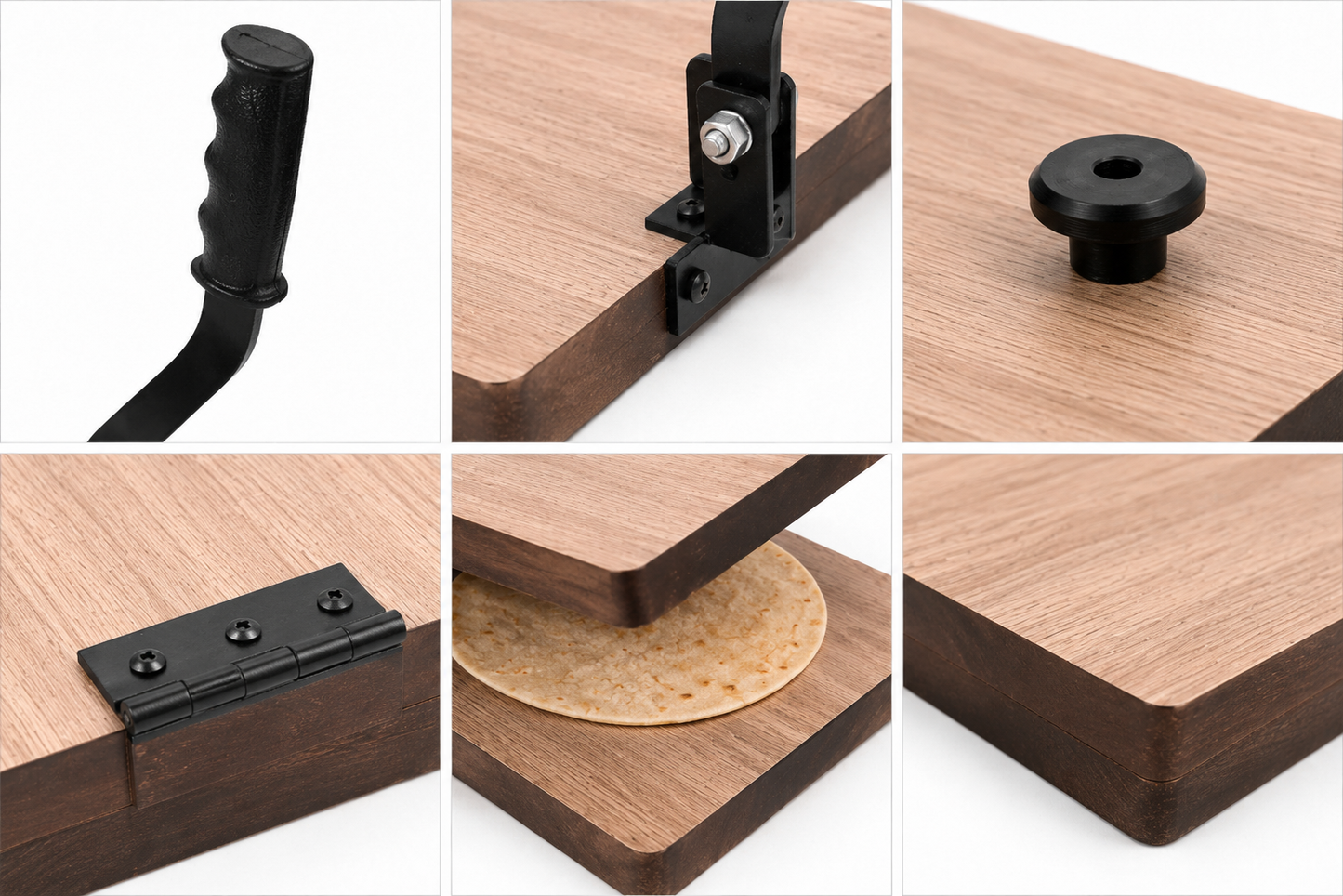 A premium 12-inch square wooden roti press with a sturdy metal hinge and ergonomic grip handle — crafted for effortless, perfectly round rotis, chapatis, Jowar Roti and tortillas every time.