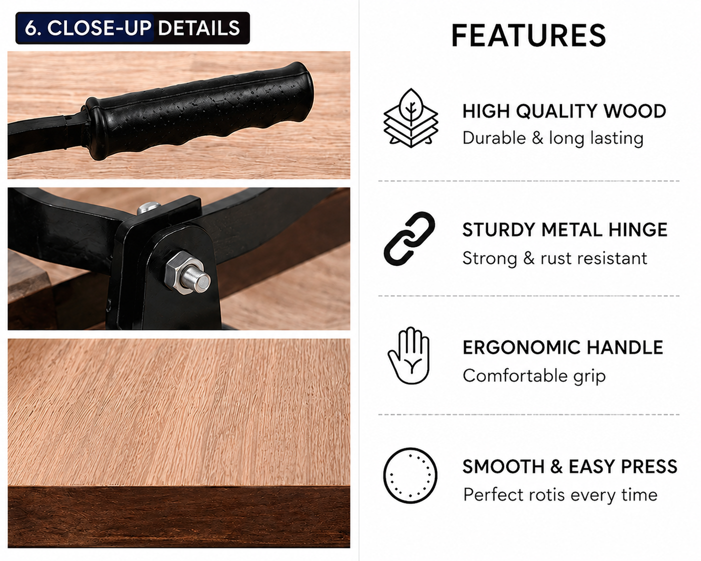 A premium 12-inch square wooden roti press with a sturdy metal hinge and ergonomic grip handle — crafted for effortless, perfectly round rotis, chapatis, Jowar Roti and tortillas every time.