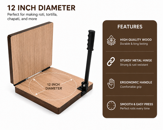 A premium 12-inch square wooden roti press with a sturdy metal hinge and ergonomic grip handle — crafted for effortless, perfectly round rotis, chapatis, Jowar Roti and tortillas every time.
