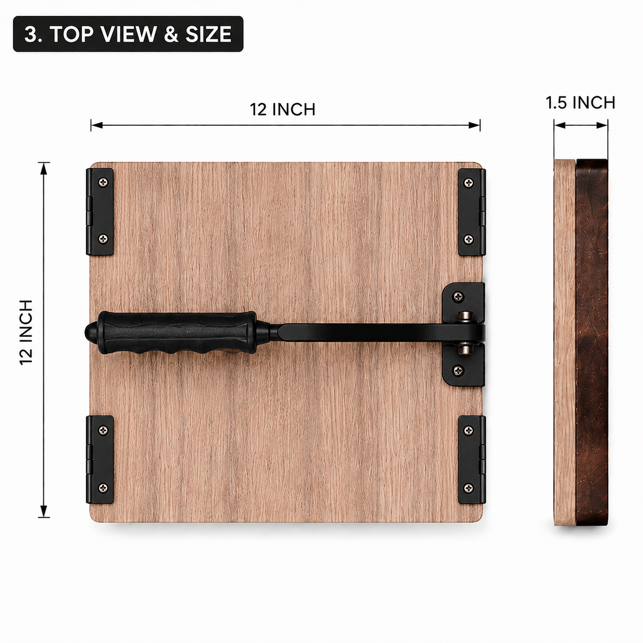 A premium 12-inch square wooden roti press with a sturdy metal hinge and ergonomic grip handle — crafted for effortless, perfectly round rotis, chapatis, Jowar Roti and tortillas every time.