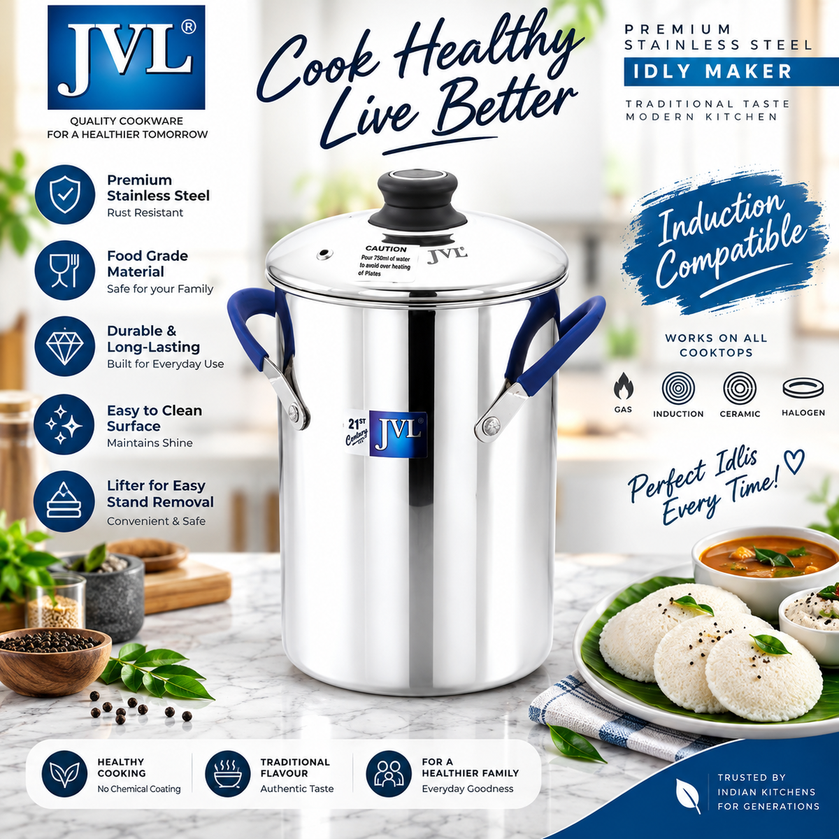 JVL Stainless Steel Thatte Idly Maker with Triply Base | Idli & Mini Idli Steamer | Induction Compatible | Stainless Steel Idly Cooker with Lifter