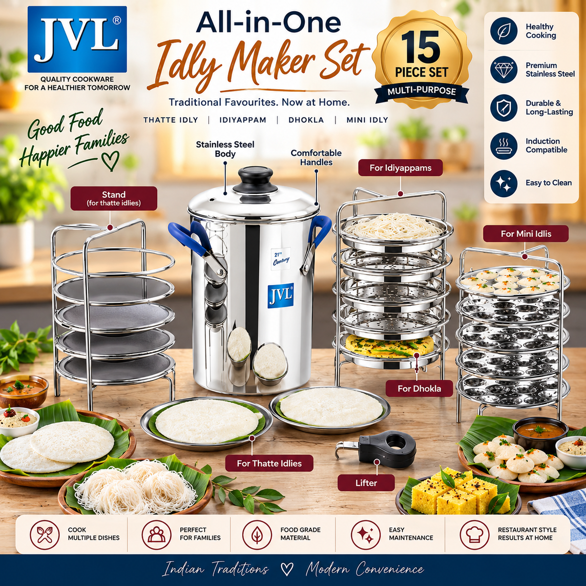 JVL Stainless Steel Thatte Idly Maker with Triply Base | Idli & Mini Idli Steamer | Induction Compatible | Stainless Steel Idly Cooker with Lifter