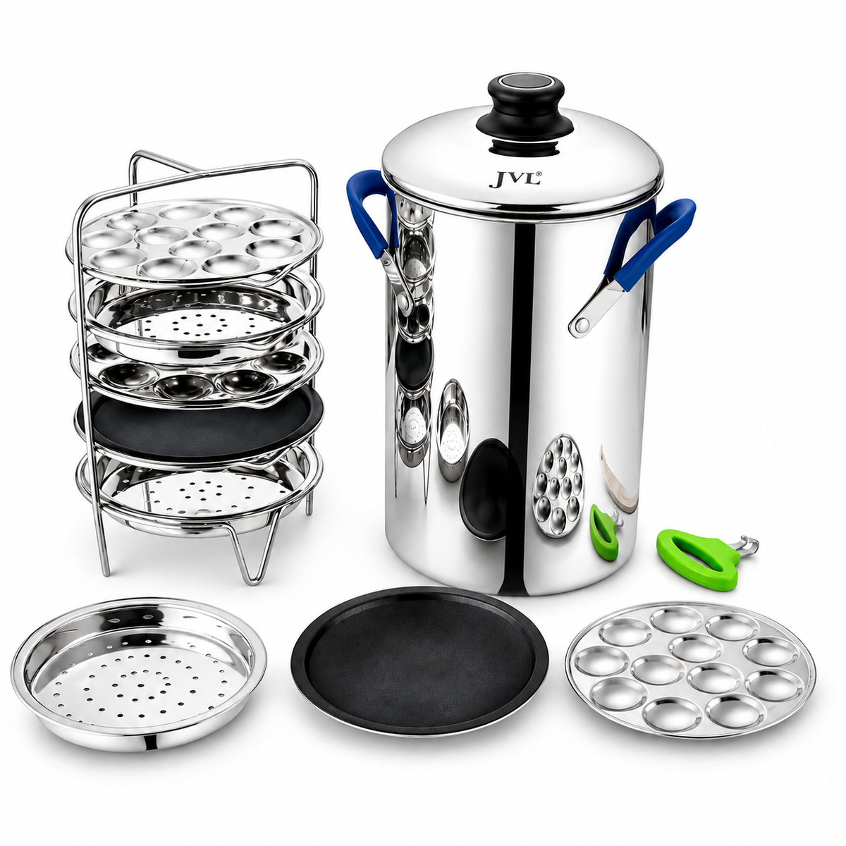 JVL Stainless Steel Thatte Idly Maker with Triply Base | Idli & Mini Idli Steamer | Induction Compatible | Stainless Steel Idly Cooker with Lifter