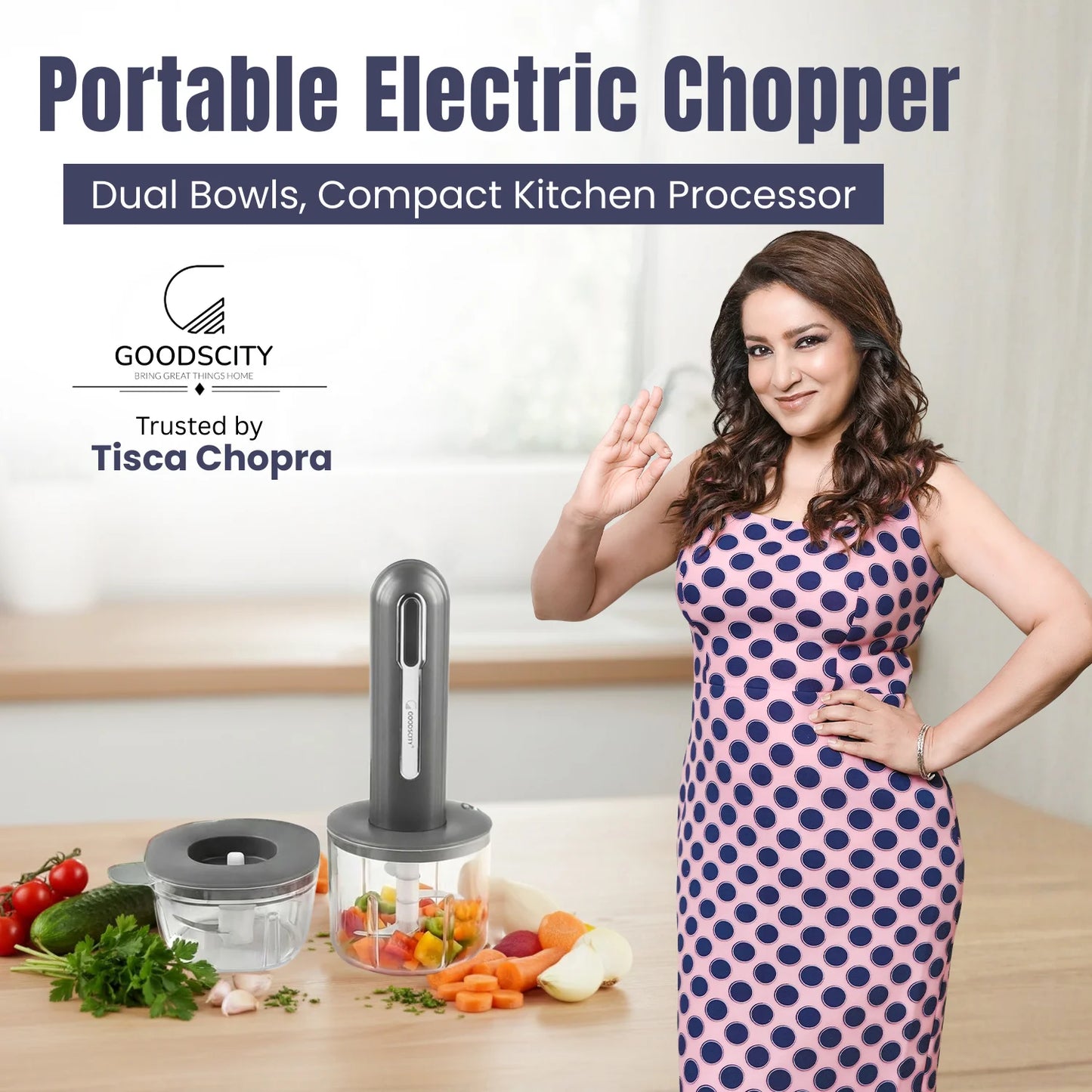 Goodscity Portable Food Chopper with Dual Bowls, Compact Kitchen Processor| Food Prep Tool for Baby, Kitchen, Travelling| 1300mAh Strong Battery| 2 Bowls 400ml, 200ml| USB Rechargeable | Grey| GC261