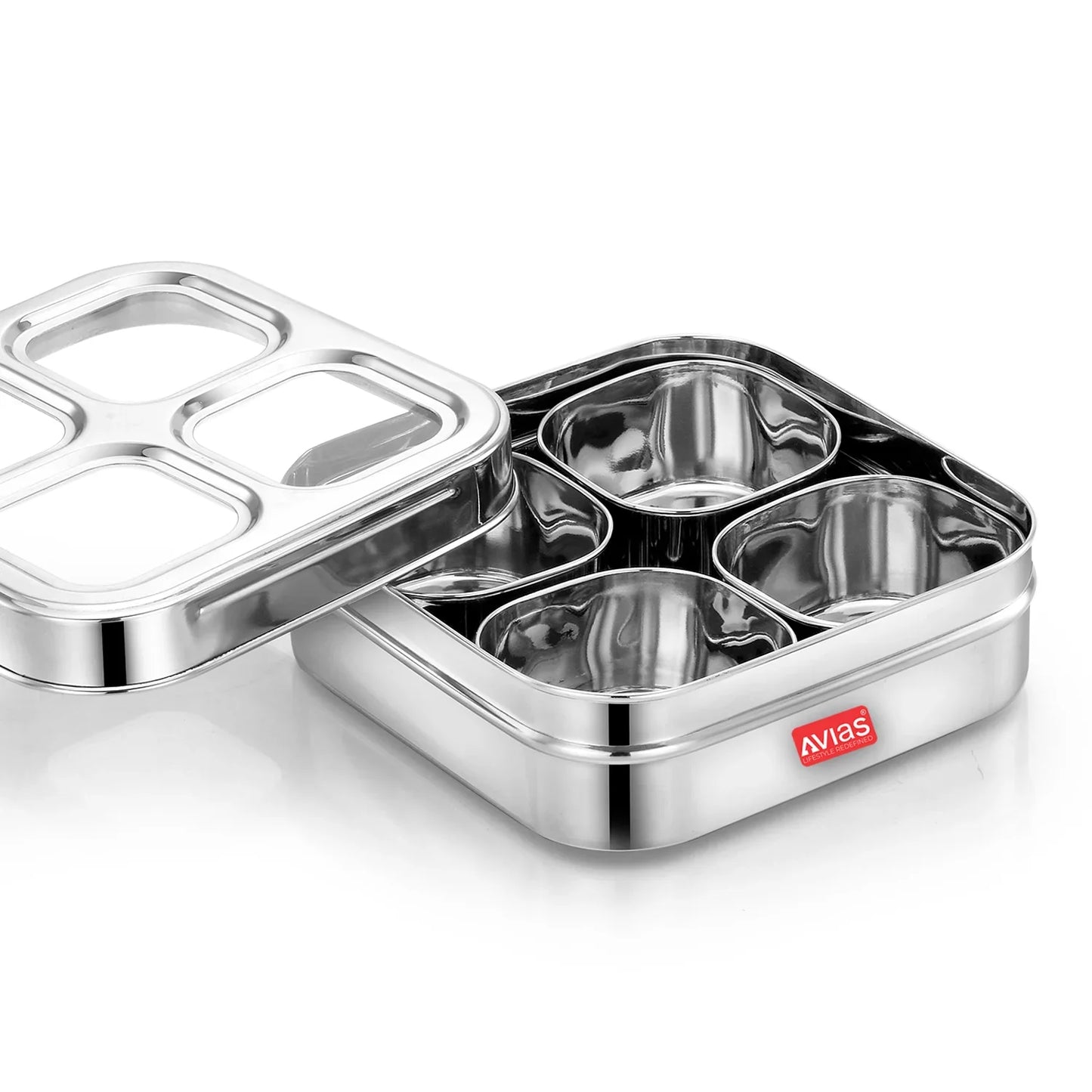 Avias 4-Square Stainless Steel Spice Box | Masala Dabba | Dry Fruit Box | See-Through Lid