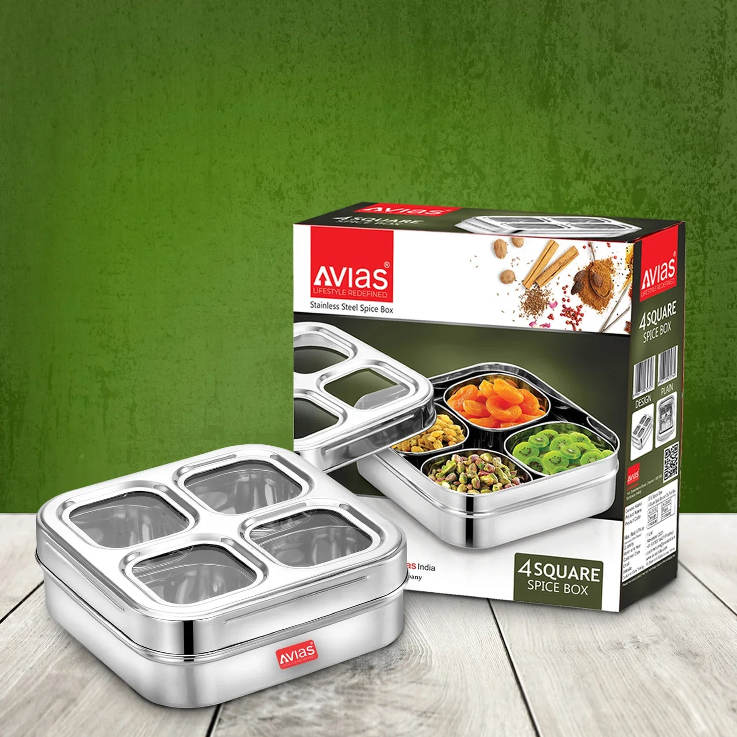 Avias 4-Square Stainless Steel Spice Box | Masala Dabba | Dry Fruit Box | See-Through Lid