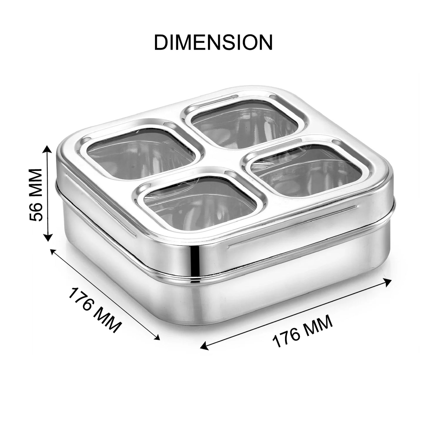 Avias 4-Square Stainless Steel Spice Box | Masala Dabba | Dry Fruit Box | See-Through Lid