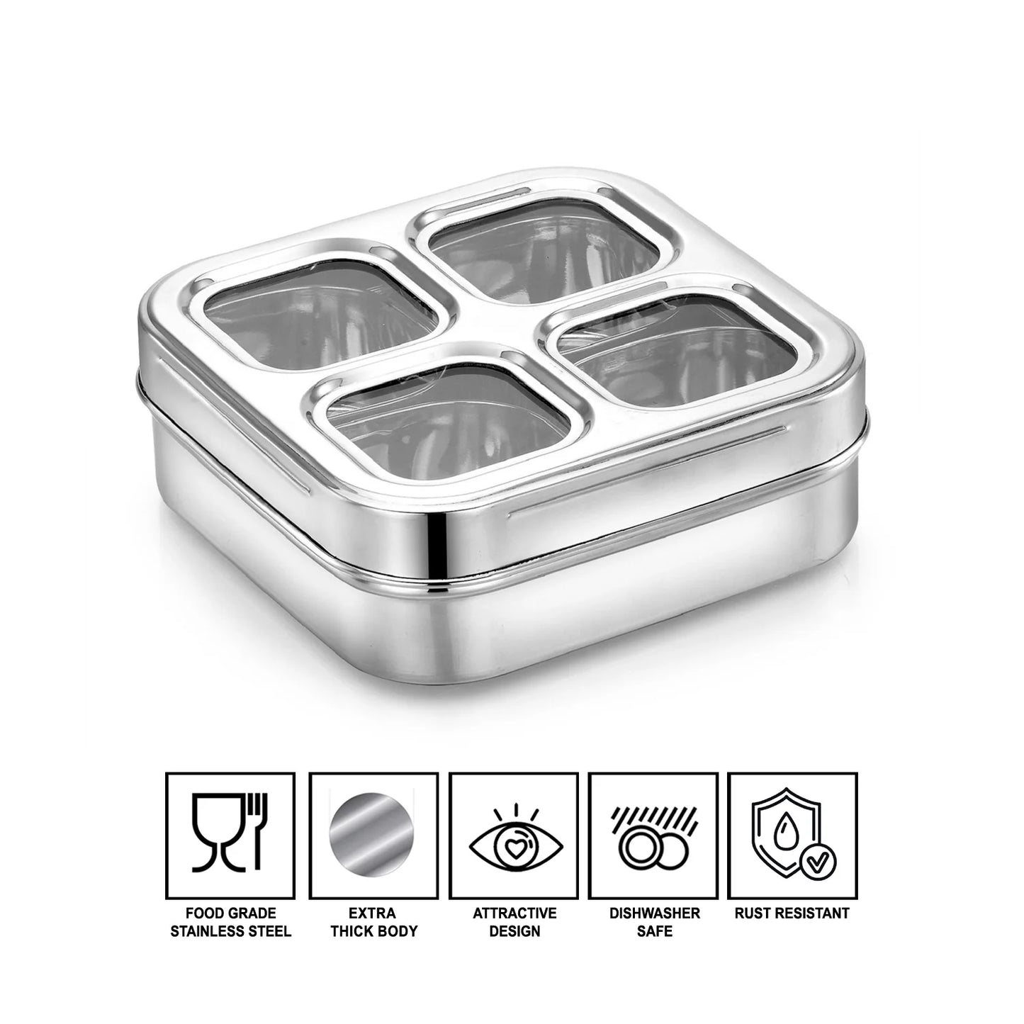 Avias 4-Square Stainless Steel Spice Box | Masala Dabba | Dry Fruit Box | See-Through Lid