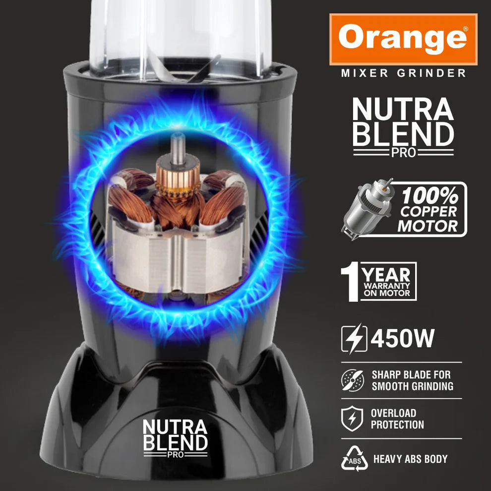 Orange Nexo Series 3 Jar Nutra Pro 450 Watts Mixer Grinder | 1Year Copper Motor Warranty