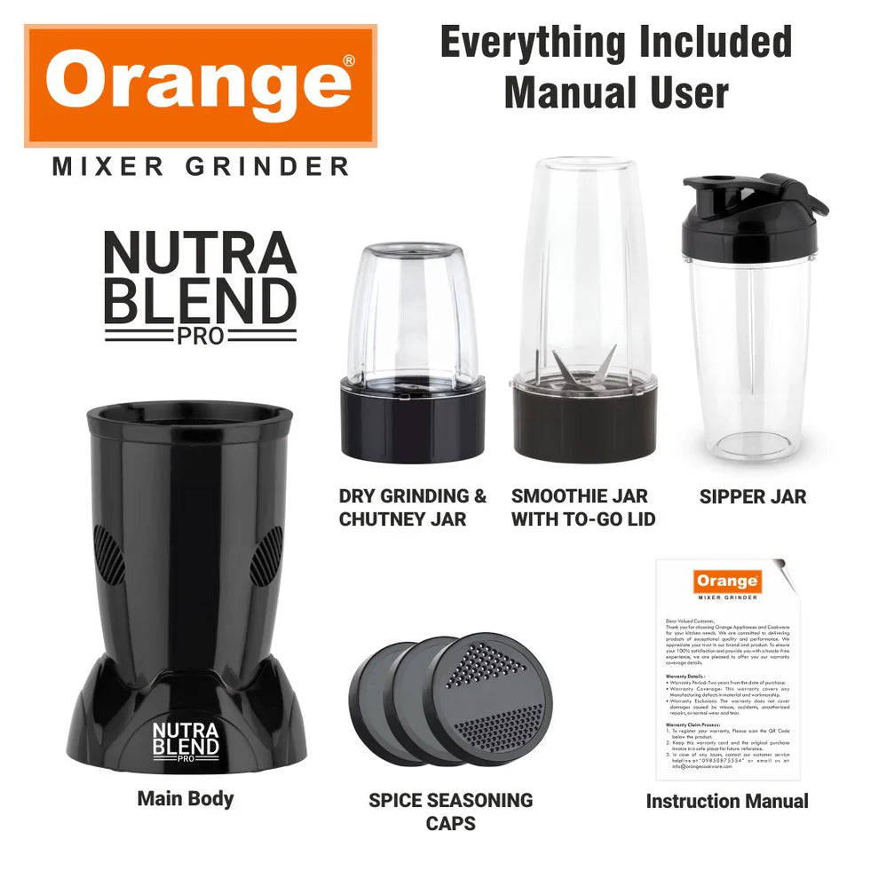 Orange Nexo Series 3 Jar Nutra Pro 450 Watts Mixer Grinder | 1Year Copper Motor Warranty