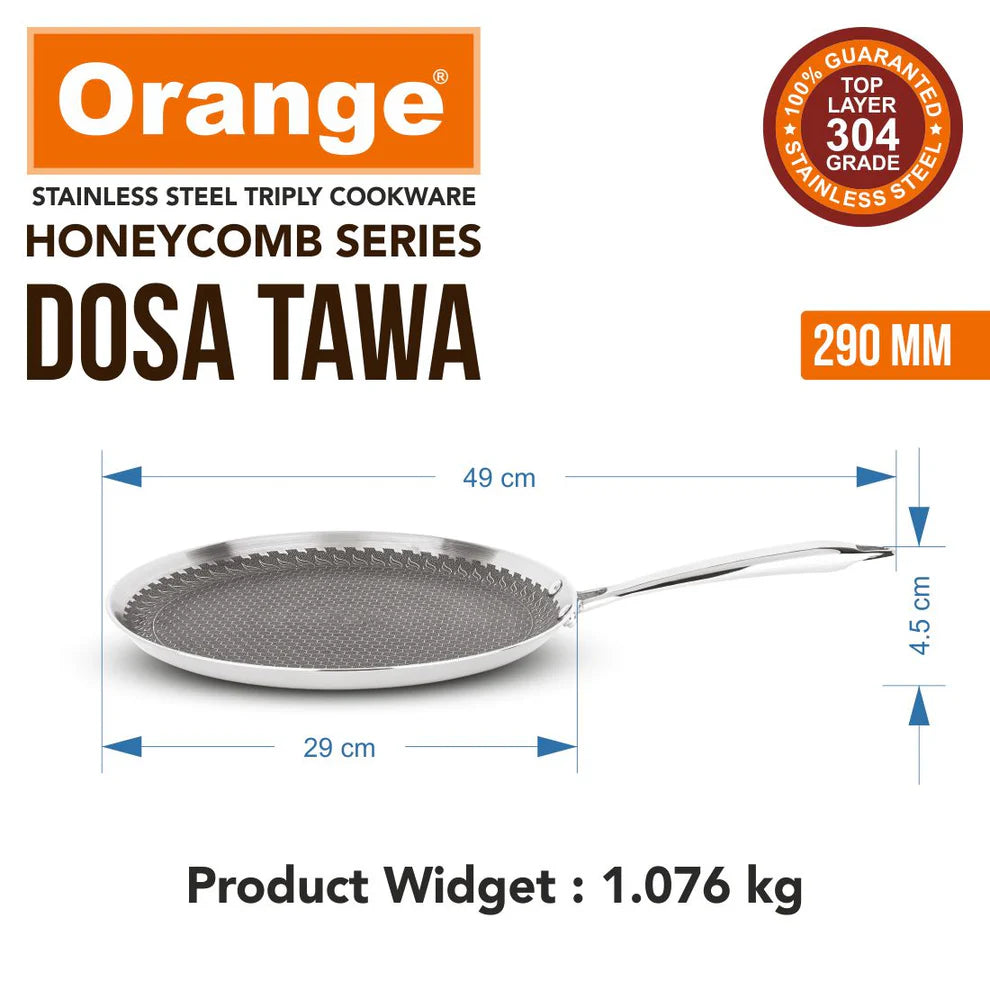 Orange Triply 290 MM Stainless Steel Honeycomb Dosa/Uttapa Tawa| Induction Frinedly | Cool Touch Riveted Handle | 2.5mm Thickness