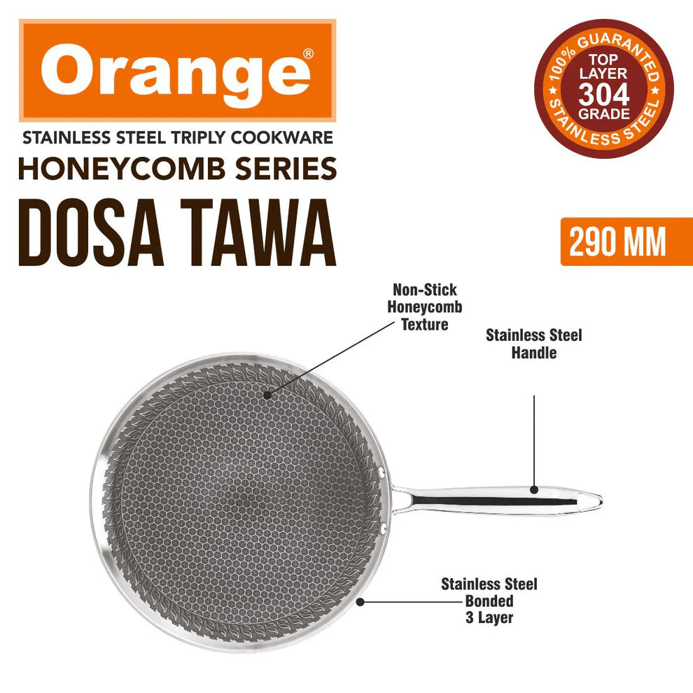 Orange Triply 290 MM Stainless Steel Honeycomb Dosa/Uttapa Tawa| Induction Frinedly | Cool Touch Riveted Handle | 2.5mm Thickness