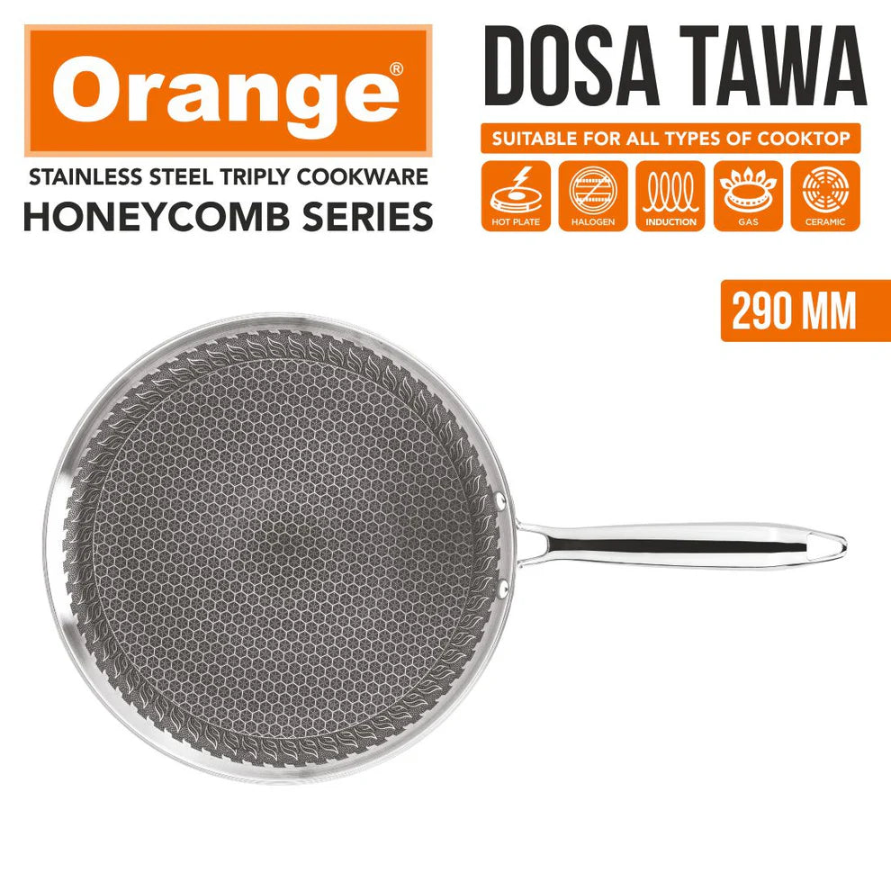 Orange Triply 290 MM Stainless Steel Honeycomb Dosa/Uttapa Tawa| Induction Frinedly | Cool Touch Riveted Handle | 2.5mm Thickness