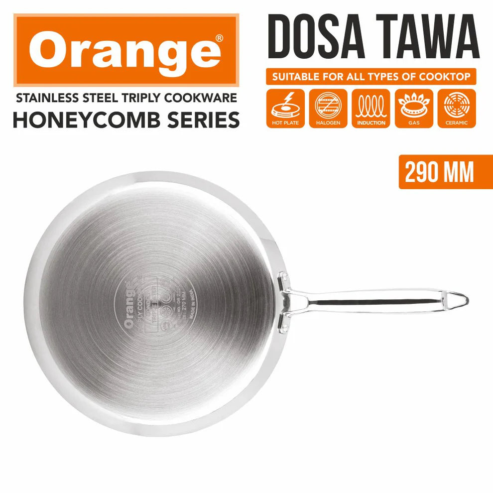 Orange Triply 290 MM Stainless Steel Honeycomb Dosa/Uttapa Tawa| Induction Frinedly | Cool Touch Riveted Handle | 2.5mm Thickness