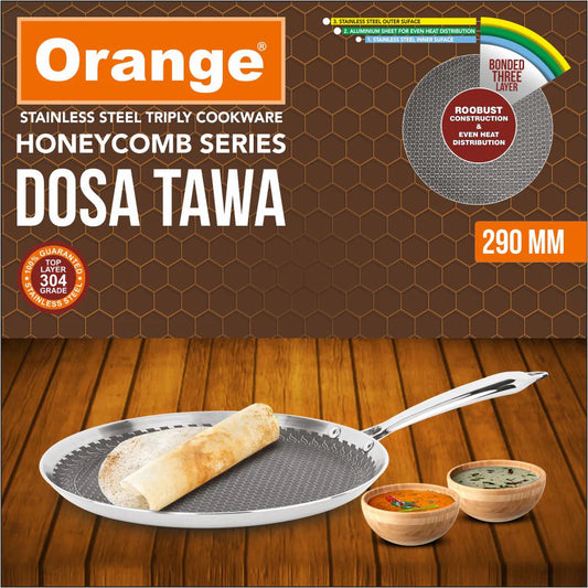 Orange Triply 290 MM Stainless Steel Honeycomb Dosa/Uttapa Tawa| Induction Frinedly | Cool Touch Riveted Handle | 2.5mm Thickness