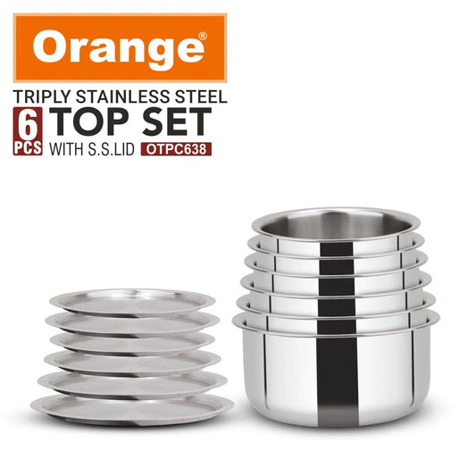Orange Triply Stainless Steel Tope Set of 6 with Lids | Multipurpose Cookware for Milk, Dal, Rice & Boiling | 2.5mm Heavy Base | Induction & Gas Friendly