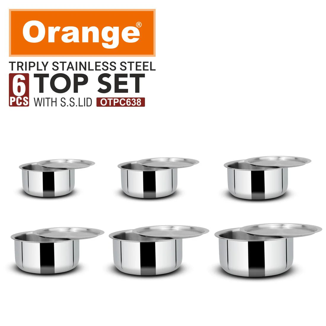 Orange Triply Stainless Steel Tope Set of 6 with Lids | Multipurpose Cookware for Milk, Dal, Rice & Boiling | 2.5mm Heavy Base | Induction & Gas Friendly