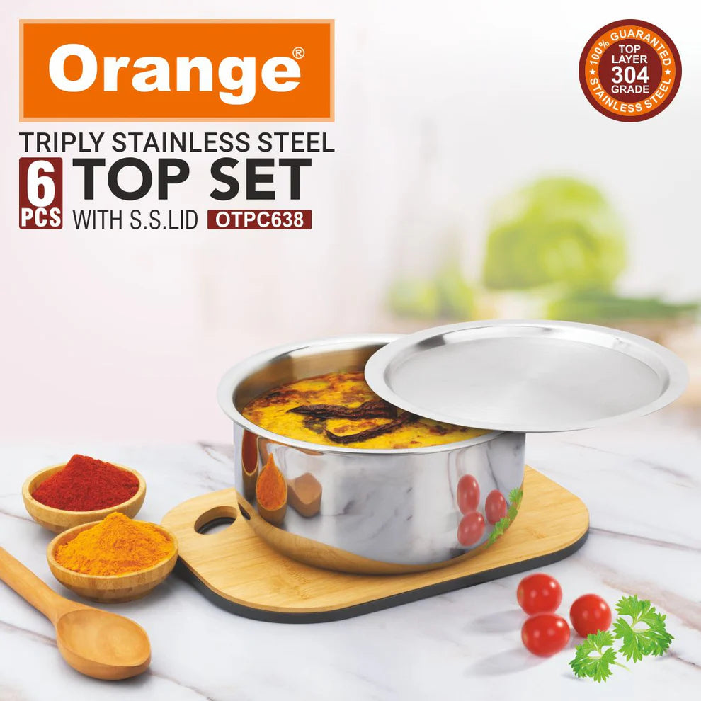 Orange Triply Stainless Steel Tope Set of 6 with Lids | Multipurpose Cookware for Milk, Dal, Rice & Boiling | 2.5mm Heavy Base | Induction & Gas Friendly