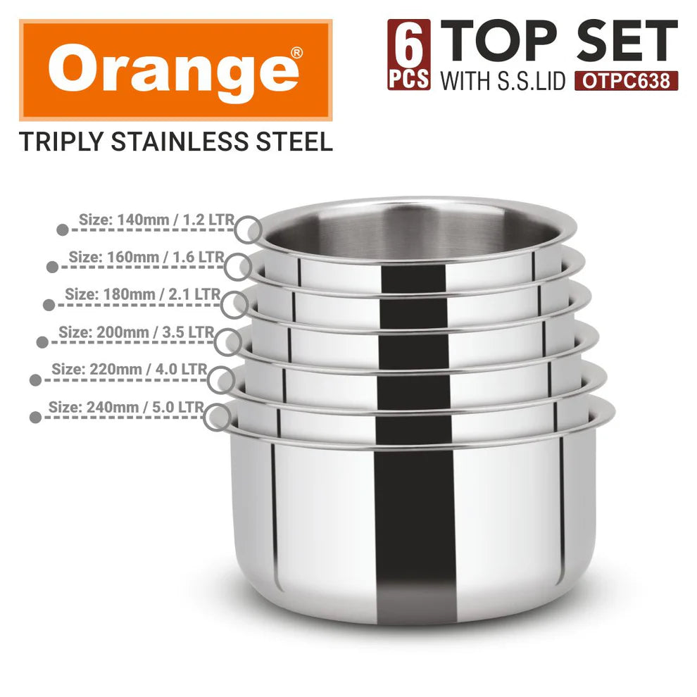 Orange Triply Stainless Steel Tope Set of 6 with Lids | Multipurpose Cookware for Milk, Dal, Rice & Boiling | 2.5mm Heavy Base | Induction & Gas Friendly