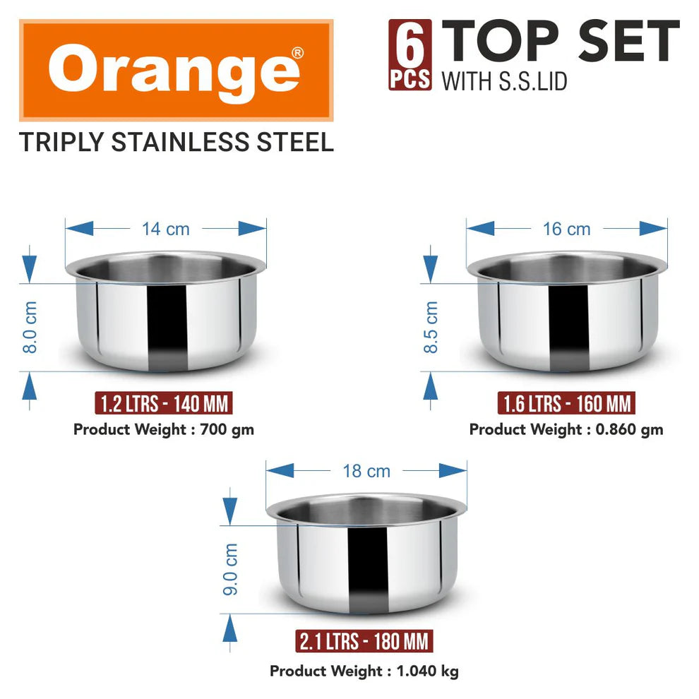 Orange Triply Stainless Steel Tope Set of 6 with Lids | Multipurpose Cookware for Milk, Dal, Rice & Boiling | 2.5mm Heavy Base | Induction & Gas Friendly