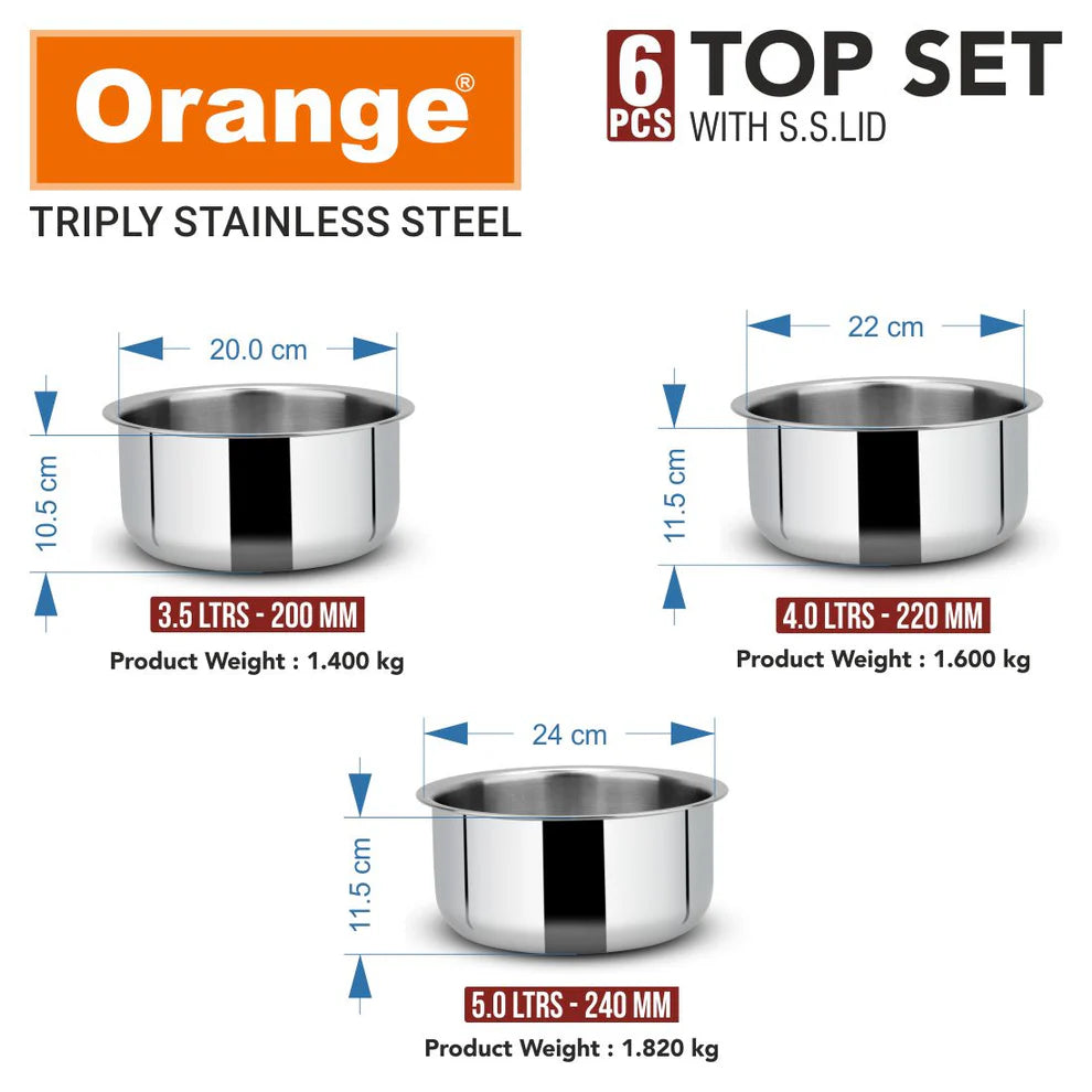 Orange Triply Stainless Steel Tope Set of 6 with Lids | Multipurpose Cookware for Milk, Dal, Rice & Boiling | 2.5mm Heavy Base | Induction & Gas Friendly