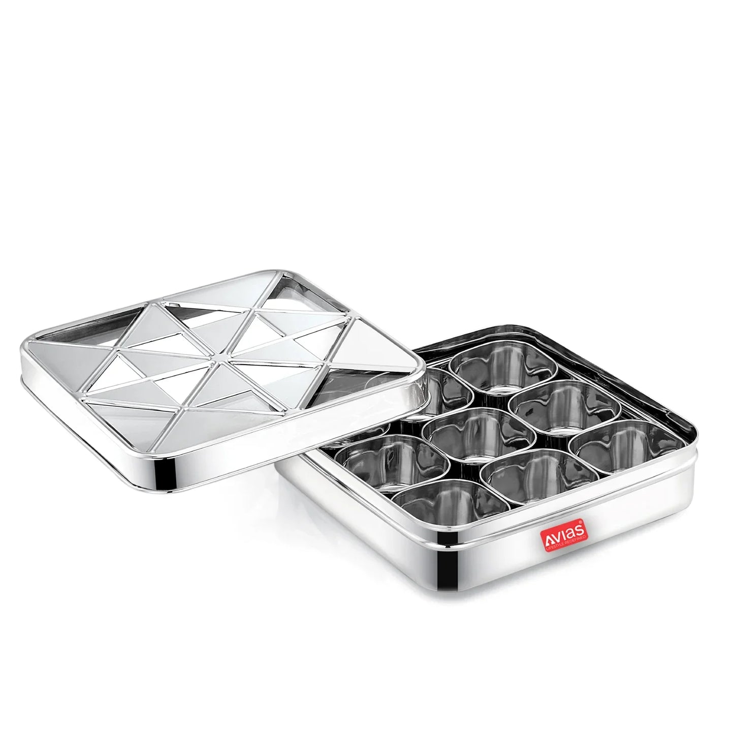 Avias Trios 9-Square Stainless Steel Spice Box | Masala Dabba | See-Through Lid