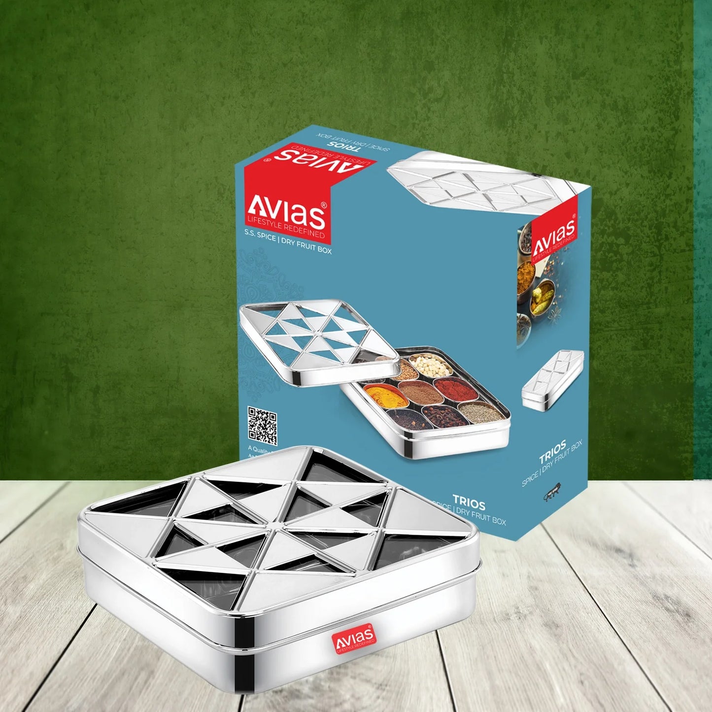 Avias Trios 9-Square Stainless Steel Spice Box | Masala Dabba | See-Through Lid