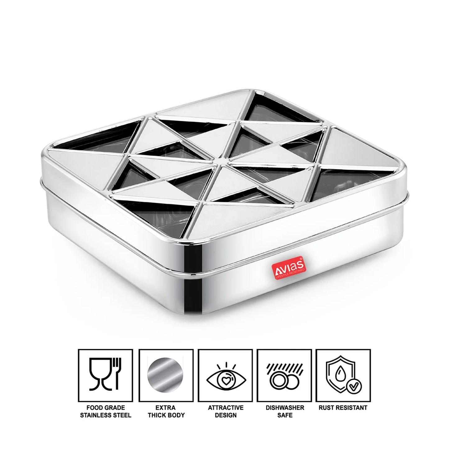 Avias Trios 9-Square Stainless Steel Spice Box | Masala Dabba | See-Through Lid