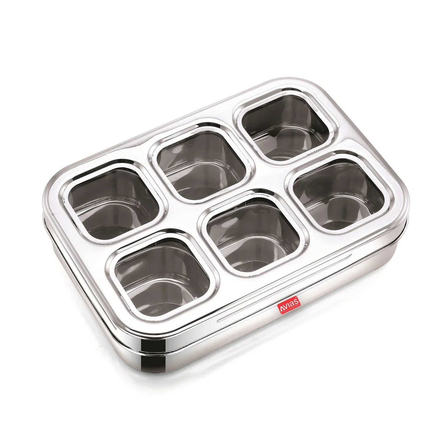 Avias 6-Square Stainless Steel Spice Box | Masala Dabba | Dry Fruit Box | See-Through Lid