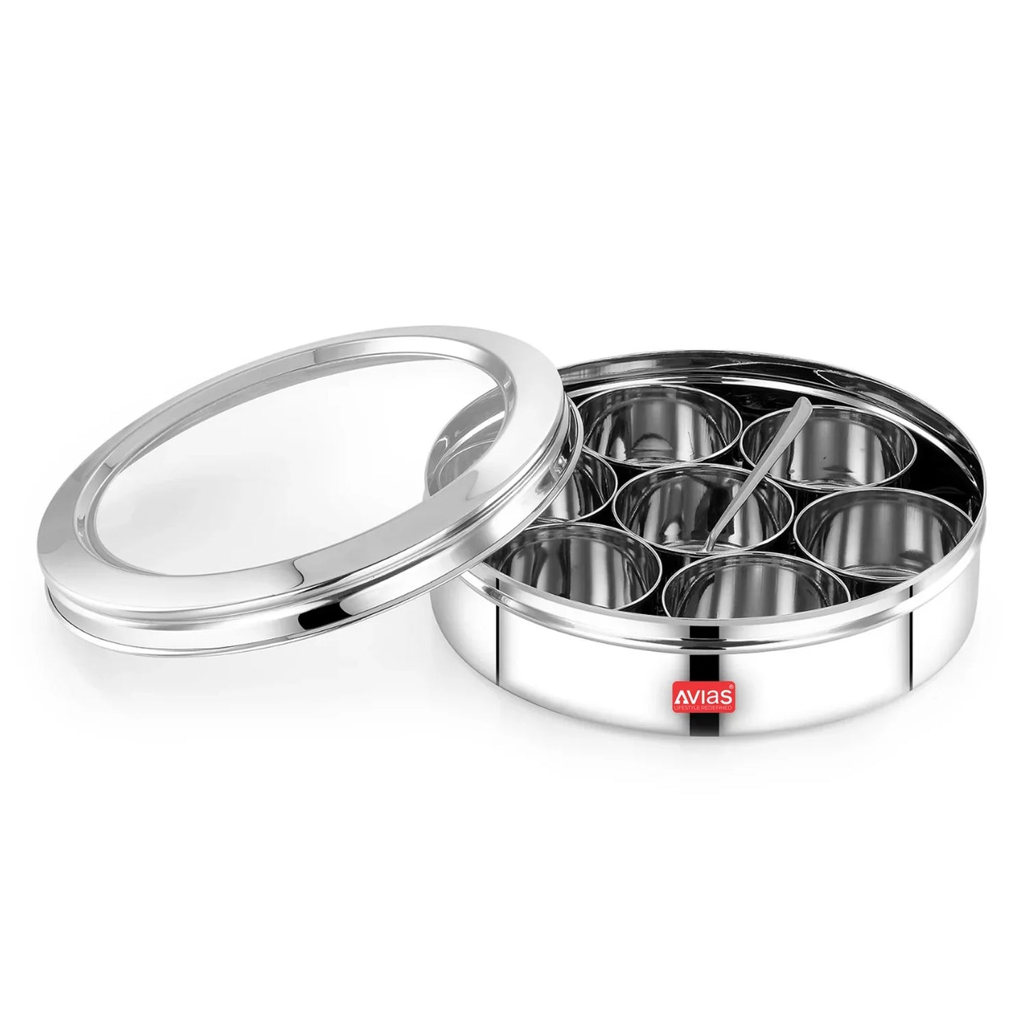 Avias Elegant Stainless Steel Spice Box | Masala Dabba | 7 Compartments | See-Through Lid