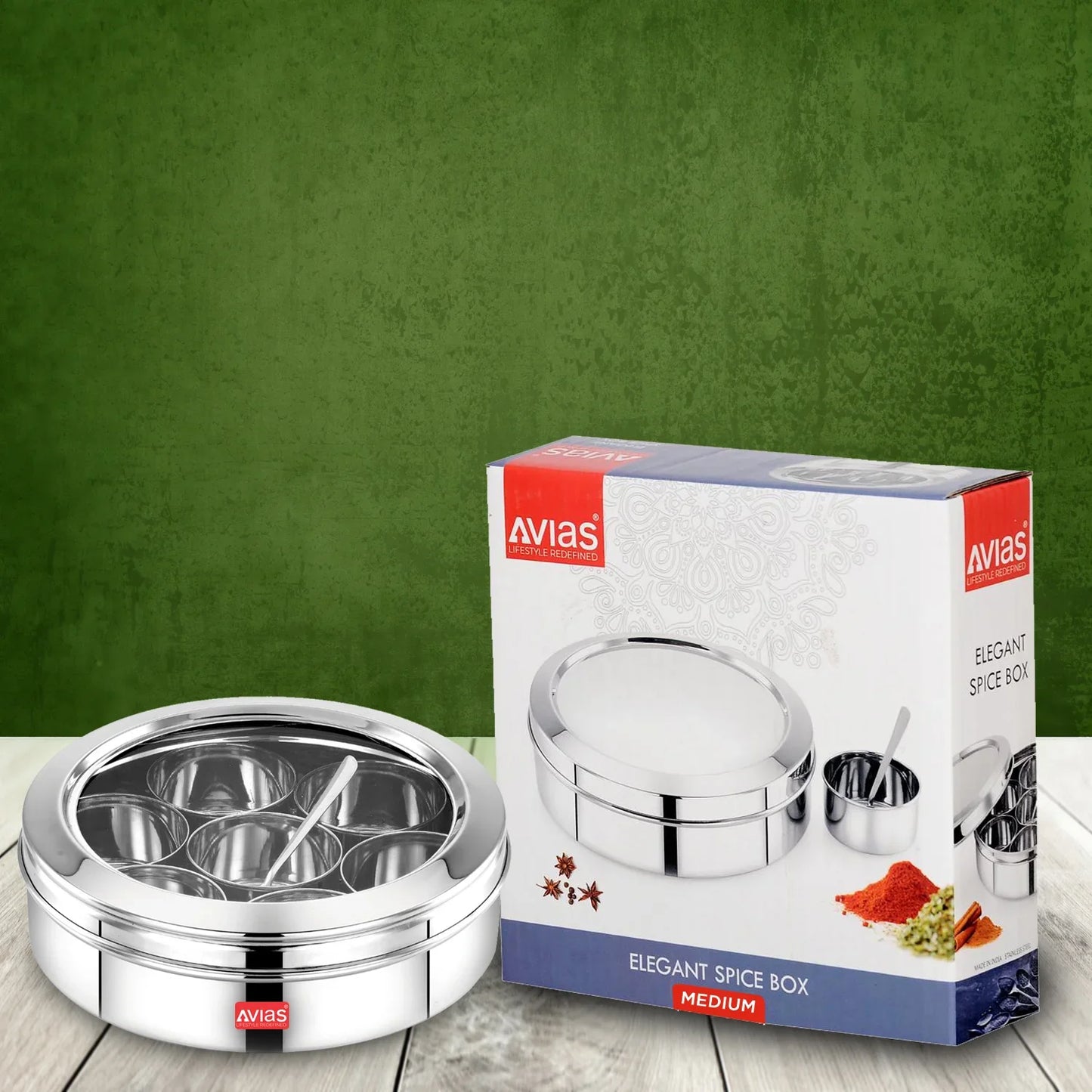 Avias Elegant Stainless Steel Spice Box | Masala Dabba | 7 Compartments | See-Through Lid