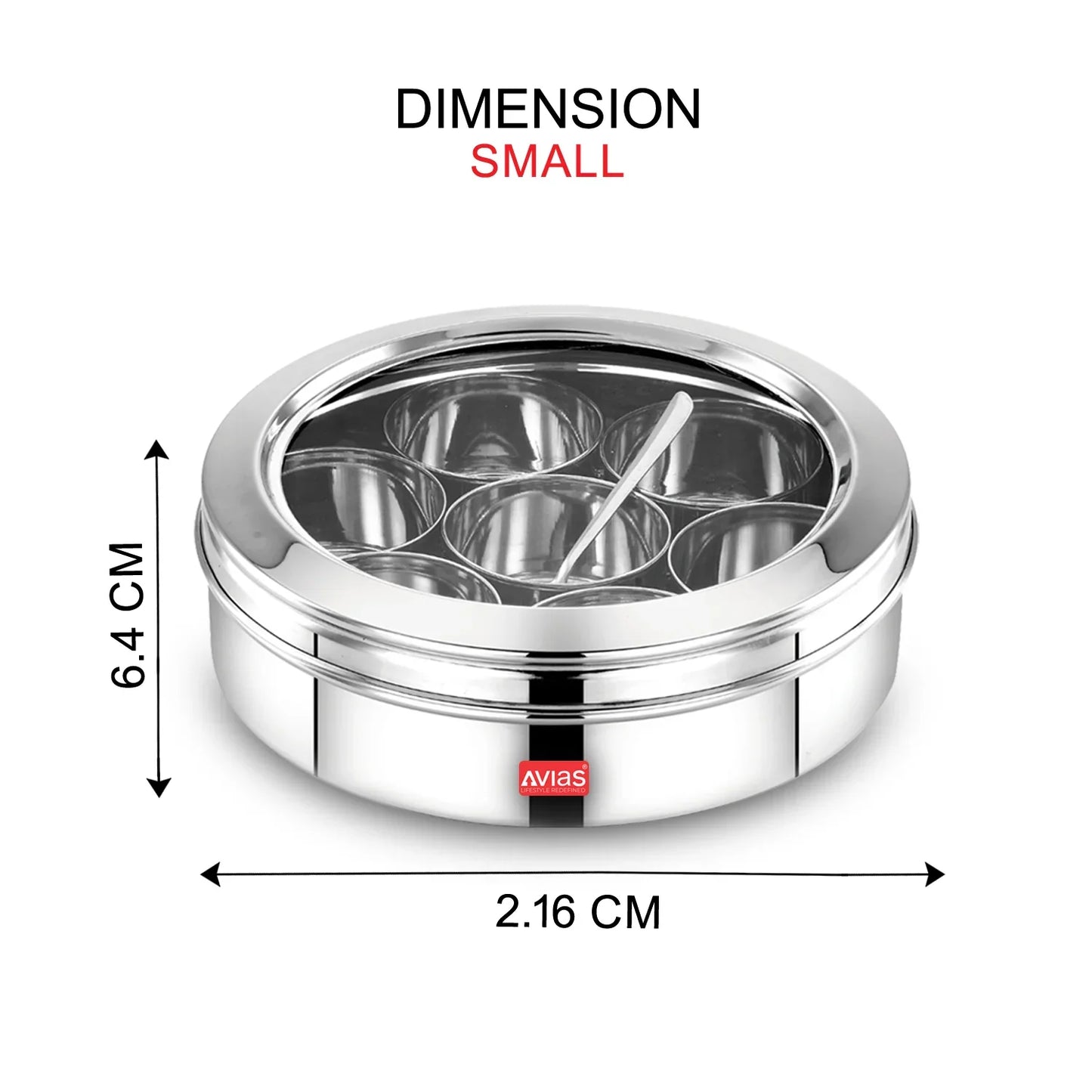 Avias Elegant Stainless Steel Spice Box | Masala Dabba | 7 Compartments | See-Through Lid