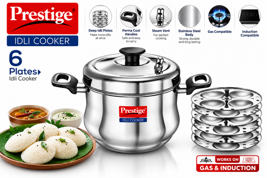 Prestige 6 Plate Stainless Steel Idli Cooker | Gas & Induction Compatible