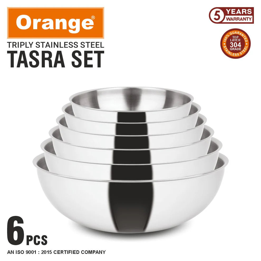 Orange Triply Stainless Steel Tasra set of 6 Without Lid, 3 Layers Kadai | Heavy Bottom | 2.5mm Thickness | Multi-Purpose & Durable | Induction and Gas Stove Friendly | 5 Year Warranty