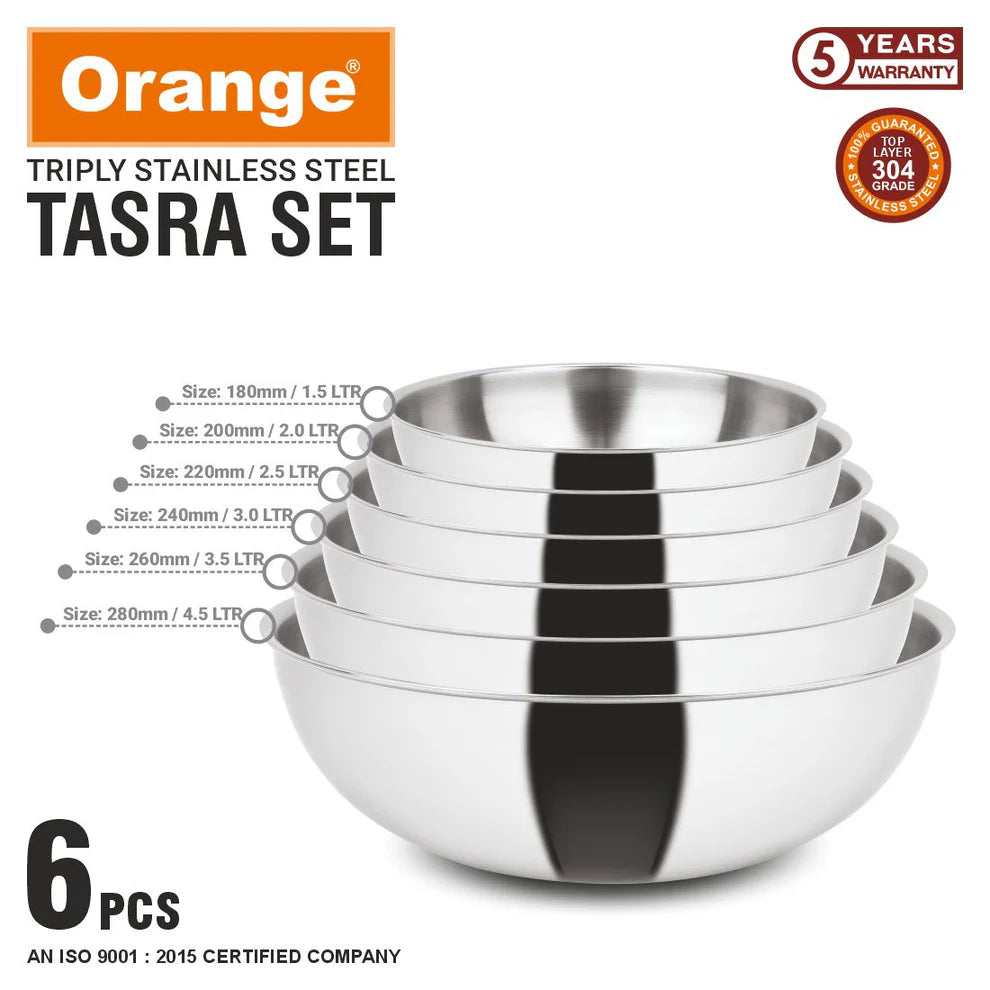 Orange Triply Stainless Steel Tasra set of 6 Without Lid, 3 Layers Kadai | Heavy Bottom | 2.5mm Thickness | Multi-Purpose & Durable | Induction and Gas Stove Friendly | 5 Year Warranty
