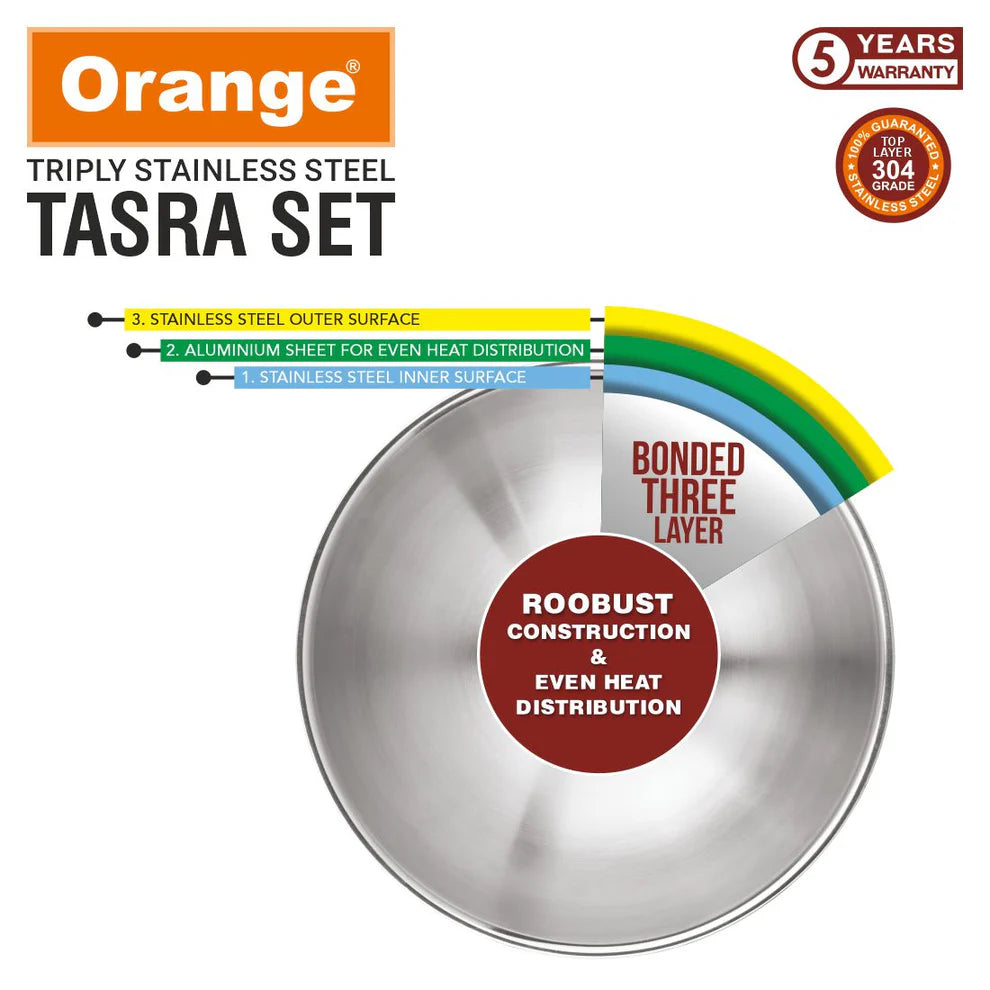 Orange Triply Stainless Steel Tasra set of 6 Without Lid, 3 Layers Kadai | Heavy Bottom | 2.5mm Thickness | Multi-Purpose & Durable | Induction and Gas Stove Friendly | 5 Year Warranty