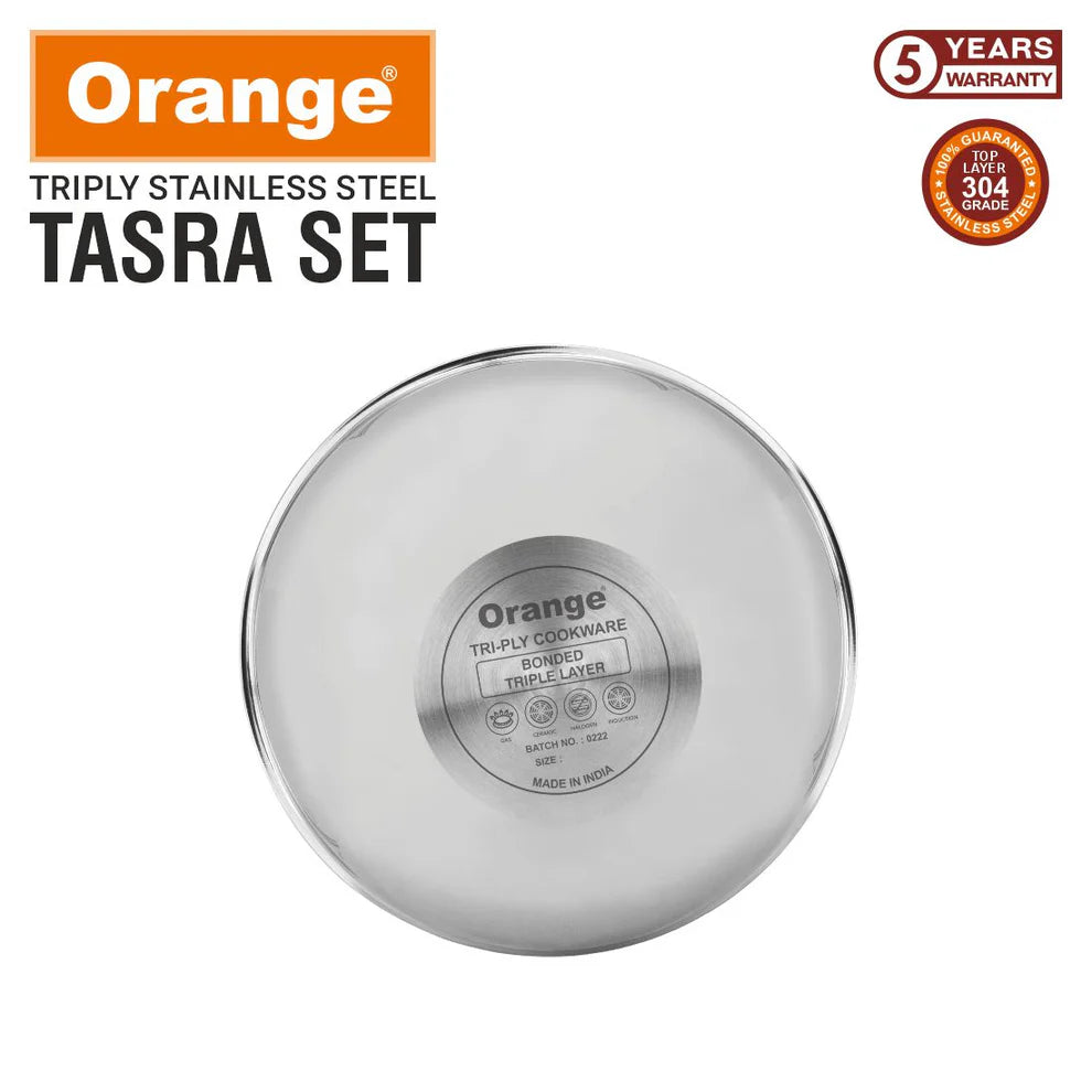 Orange Triply Stainless Steel Tasra set of 6 Without Lid, 3 Layers Kadai | Heavy Bottom | 2.5mm Thickness | Multi-Purpose & Durable | Induction and Gas Stove Friendly | 5 Year Warranty